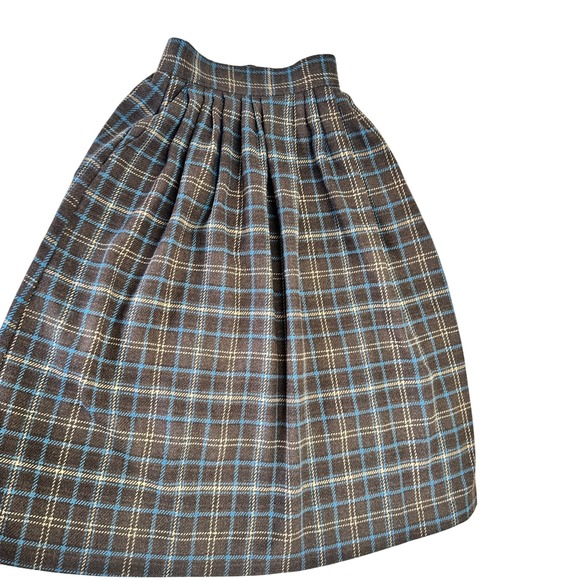 Vintage 70s 80s Plaid Wool Tweed Academic Skirt Brown Midi Length A-Line Sz S - Picture 3 of 10